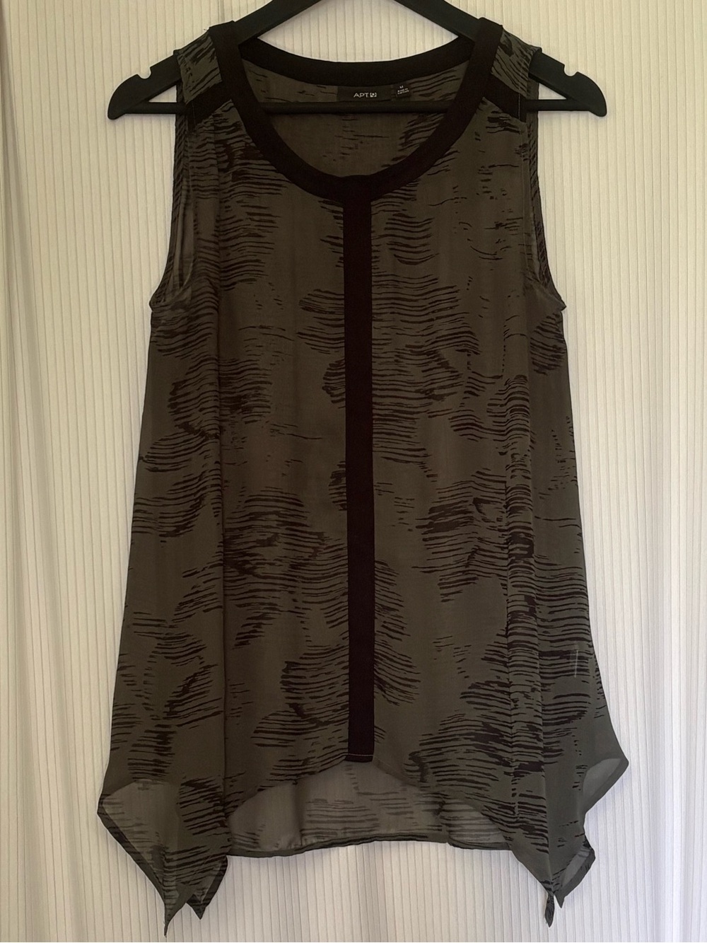 Apt. 9 Sheer Sleeveless Top Forest Green with Black Print Handkerchief Hem